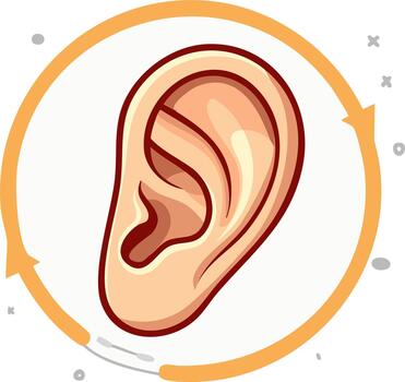 Cartoon illustration of a human ear within a circular arrow, symbolizing sound perception and auditory input vector