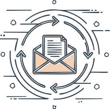 Stylized illustration with envelope containing document surrounded by looping arrows for email marketing and campaign automation concepts vector