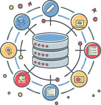 Data management concept with a centralized database hub and connected icons illustration vector