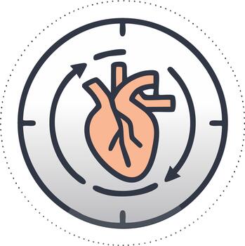 Icon of a heart surrounded by arrows indicating circulation, set on a clock face vector