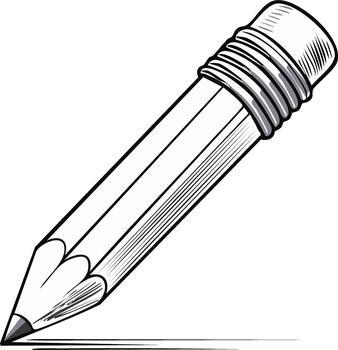 Classic graphite pencil with a sharp tip and eraser drawing a line, a black and white illustration vector