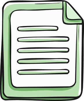 Green contoured paper document icon with folded top corner and horizontal text lines vector