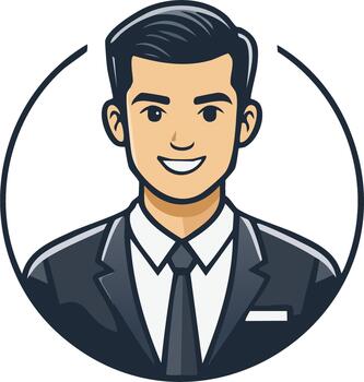 Cartoon Man in Suit and Tie Smiling Confidently Inside of a Circular Graphic Element vector
