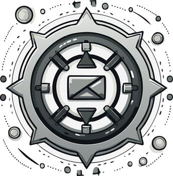 Grayscale abstract illustration of an envelope icon within a technological circular emblem for digital communication vector