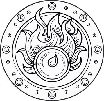 Circular emblem with flames and a central drop shape, accented with geometric elements vector