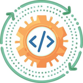 ágil software desarrollo ciclo vital icono con código símbolo, engranaje, y circular flujo de trabajo flechas vector