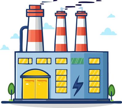 Cartoon Factory Building with Smoke Stacks and Lightning Symbol Generating Power vector