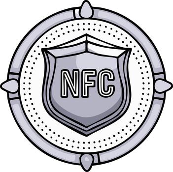 Grey NFC technology shield icon with circular medal border illustrating secure contactless payment and data transfer vector