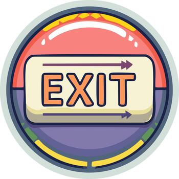 Cartoon exit sign with direction arrow symbol and colorful design elements, safety concept icon and evacuation route vector