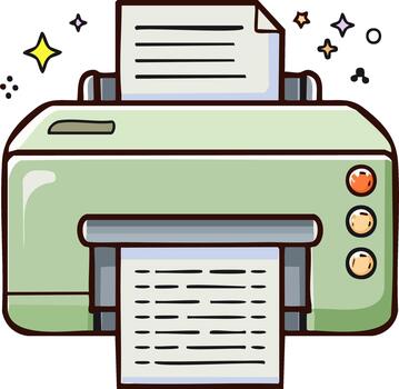 Cartoon style document printer with paper output and sparkling elements, representing office automation, modern technology, and whimsical design vector