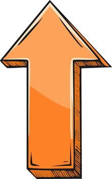 Hand drawn orange arrow pointing up with a black outline and 3D sketch effect vector