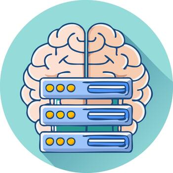 artificial inteligencia y máquina aprendizaje concepto con cerebro y datos servidores. plano diseño icono vector