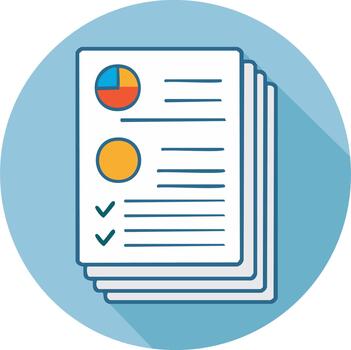 Paperwork Icon Stack with Pie Chart, Circle, Check Marks on Blue Round Background. Documents, Reports, and Accounting Checklist vector