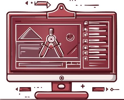 Computer screen displays geometric shapes and drafting tools, symbolizing design and engineering vector