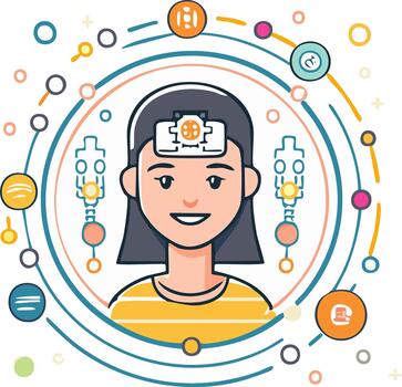 sonriente mujer con cerebro tecnología y social medios de comunicación íconos ilustración comunicación redes conectividad tecnología vector