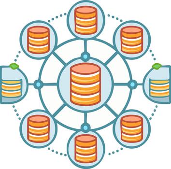 Central database server hub connecting multiple storage units in a networked data system illustration vector