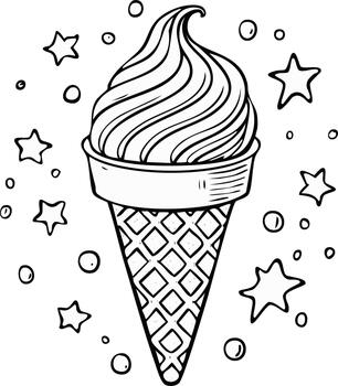 Whimsical soft serve ice cream cone doodle illustration with floating stars and circles vector