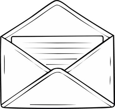 Black and white line art of an open mailing envelope with a blank letter for correspondence vector