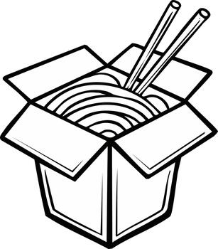 Takeout container illustration with noodles and chopsticks sketch simple black outline vector