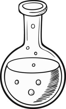 Black and white sketch of a round-bottomed flask with liquid and bubbles vector