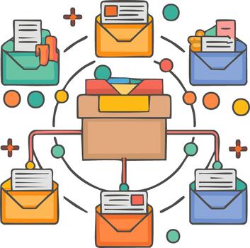 vistoso correo sobres y central bandeja de entrada caja ilustrando correo electrónico comunicación datos fluir y mensaje distribución vector