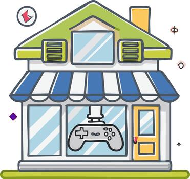 Gaming Storefront Showcases Controller Device Displayed in Building Window vector