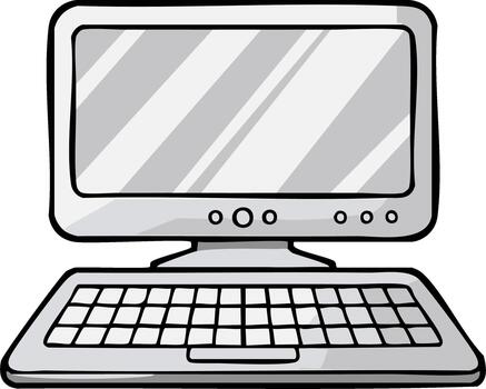 dibujos animados ilustración de un gris retro computadora con pantalla y teclado, antiguo tecnología, medios de comunicación dispositivo vector