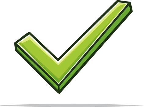 Vivid green check mark symbol illustration with dark outline indicating validation and completion vector