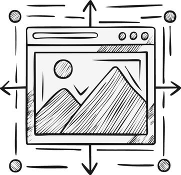 Hand drawn web browser window with landscape photo and interface elements vector
