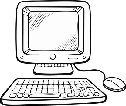 Sketch Illustration of Desktop Computer with Monitor, Keyboard, and Mouse vector