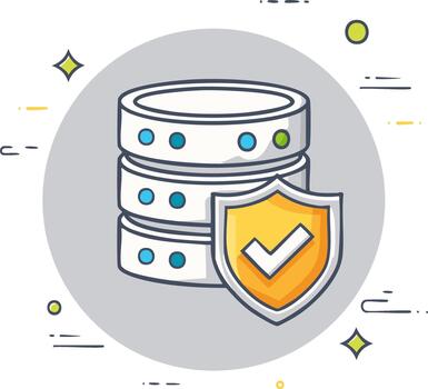 seguro base de datos servidor con un proteccion proteger y marca de verificación. un dibujos animados icono representando datos seguridad y información la seguridad vector