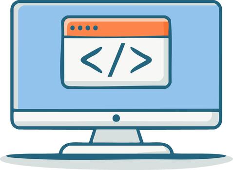 dibujos animados computadora monitor con codificación símbolos en un pantalla vector