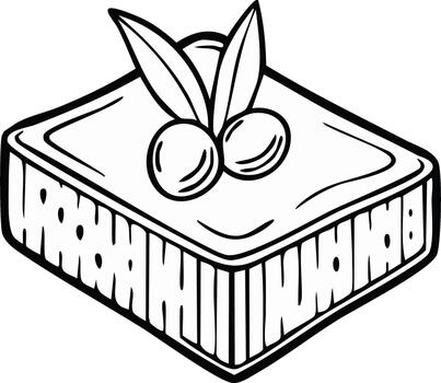 Black and white line art of a rectangular block of Mediterranean cheese with olives vector