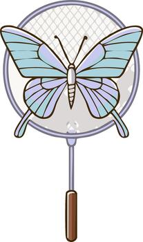 Light Blue Butterfly Captured in a Round Net with a Wooden Handle vector