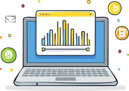 Laptop with audio visualizer and play icons. Digital concept vector