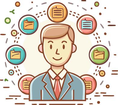 Multitasking businessman managing multiple documents and projects concept illustration vector