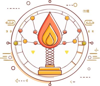 Futuristic energy source concept with a central flame and a circular technology network diagram vector