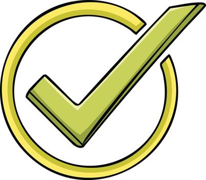Stylized green checkmark inside yellow circle for approval, completion, validation, and success vector