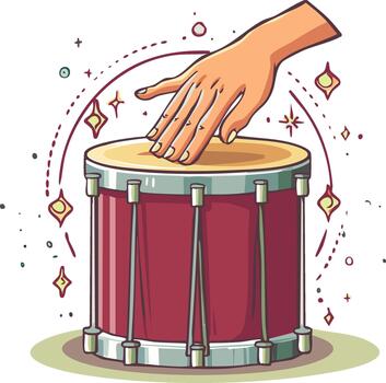 Hand touching a red marching drum, creating musical sounds and rhythm within a magical, star-filled environment vector
