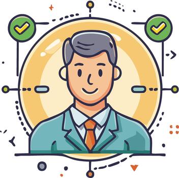 Smiling businessman avatar with green checkmarks representing successful user profile verification and approval vector