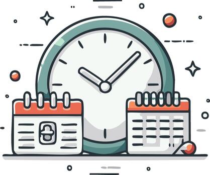 Time management and scheduling concept with clock and calendar doodle illustration vector
