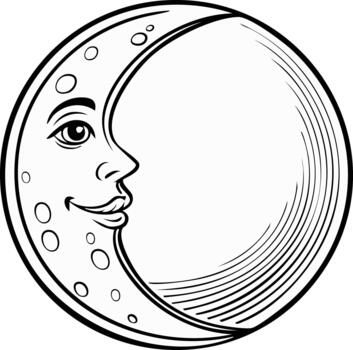 Crescent Moon with a Smiling Face in Black and White, a Celestial Body with Simple Cartoon Style Design Elements vector