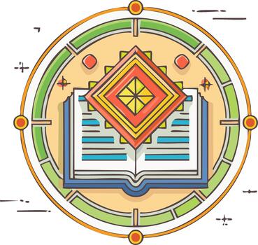 Open book with vibrant geometric pattern within a circular compass frame symbolizing wisdom and discovery vector