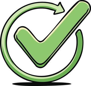 Green checkmark symbol with circular arrow indicating completion or approval vector