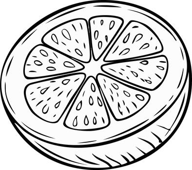 Black and white line art illustration of a sliced orange with seeds and segmented sections, perfect for coloring book activities vector
