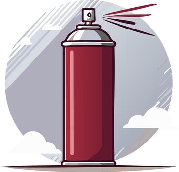 Red spray can dispensing aerosol particles and paint mist against a circular abstract background with clouds vector