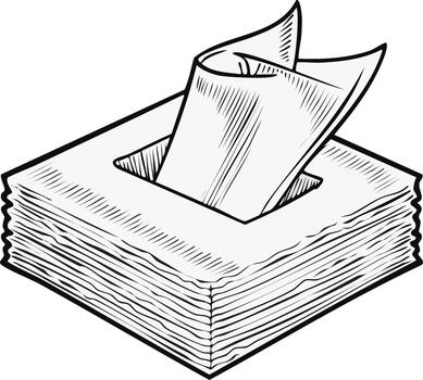 Monochromatic line art illustration of a rectangular tissue box with a single tissue emerging vector