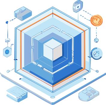 Abstract geometric cube with layered design and digital icons vector