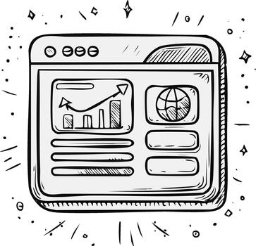 Doodle style internet browser displaying a financial increase graph and worldwide communication symbol vector