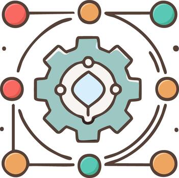 Central gear processing connected data points in a vibrant technology network icon vector